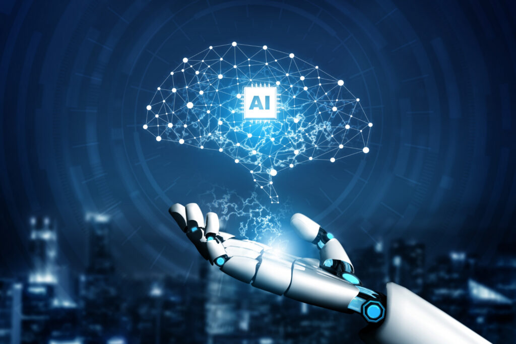 Artificial intelligence technology shaping the future of work, with robots and humans collaborating in a modern office setting and IoT-AI development.