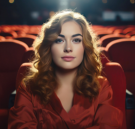 A woman sitting in a red-seat auditorium Advertising.