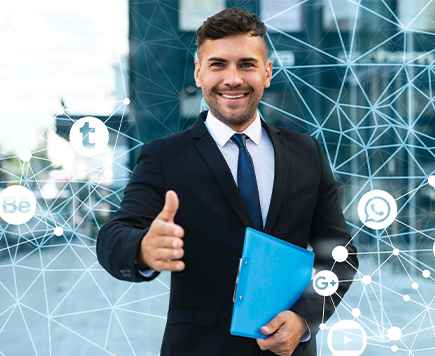 Professional businessman in suit and tie holding folder and giving thumbs up gesture Influencer marketing